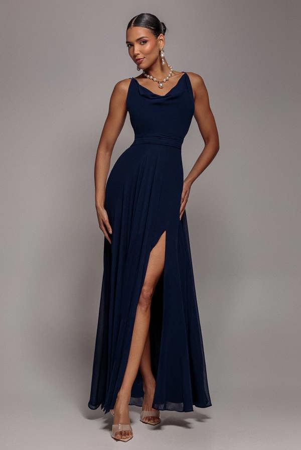 Chiffon Cowl Twisted Rope Strap Lace-up Flared Maxi Dress - Navy Blue DR4937