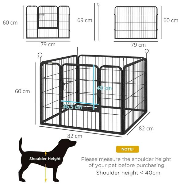 Grey foldable dog playpen with labeled side and front size views on a diagram