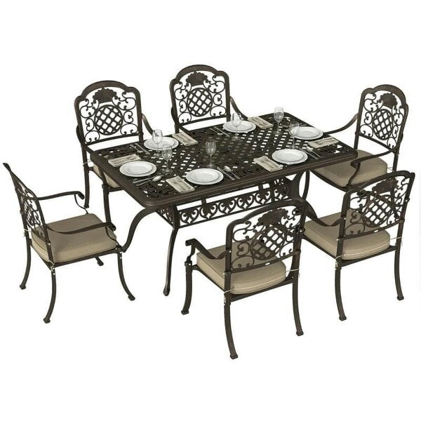 Garden Dining Set for 6, Cast Aluminium Outdoor Table and Chairs Set with Cushions, Parasol Hole for Patio, Bronze Tone