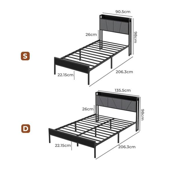 Levede Bed Frame Metal Platform Upholstered Headboard with Storage Single Double
