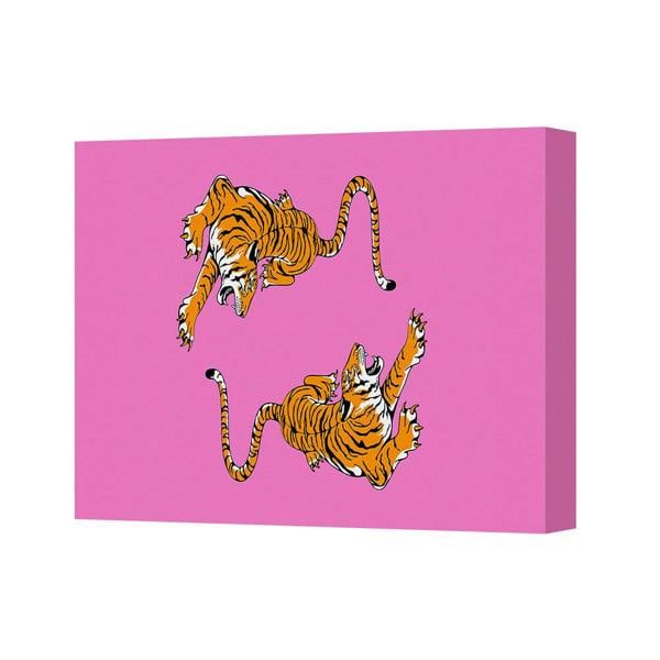 Benjamin Tate Design Tiger Canvas Print Pink Background Two Tigers Jumping Wall Art