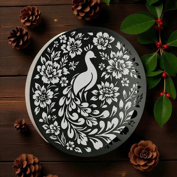 EDH Door Hardware Round Solar Wall Panel with Peacock Outdoor Metal Wall Art with LED Light Weatherproof Garden & Patio Décor | Circular Peacock Panel