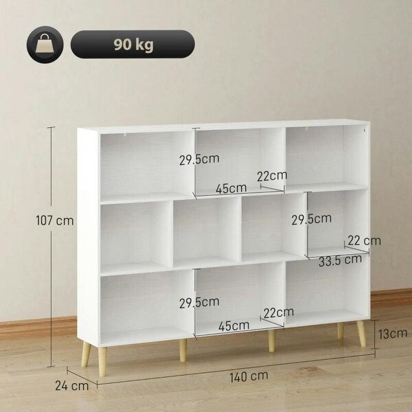 10-Cube Bookcase, 3-Tier Book Shelf with Solid Wood Legs, 140 cm Modern Bookshelf with Anti-Tip Kit for Bedroom, White