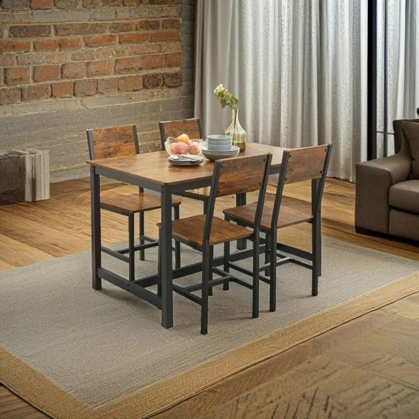 Modcraft Set of 4 Industrial Dining Chairs with Steel Frame and Rustic Brown Particleboard Seats