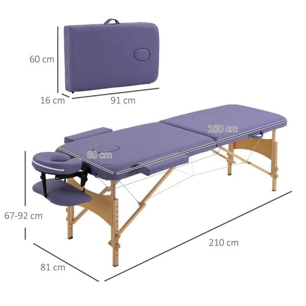 Purple 2-section massage table with built-in headrest and armrest pads, with carry case