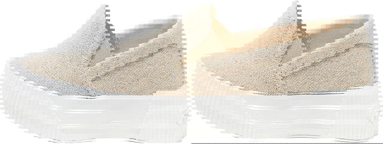 Rocket Dog Cheeryful Womens Slip On Casual Trainers Shoe, beige canvas slip-on sneaker with white rubber sole.