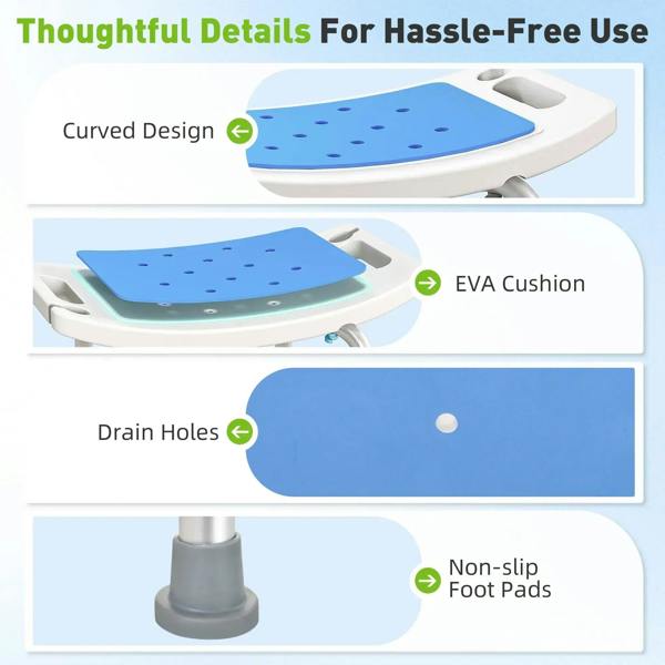 Adjustable-height shower stool with blue perforated seat, drain holes, and non-slip foot pads