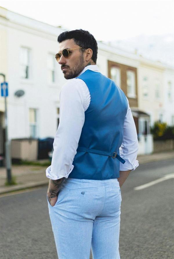 Infinity Leather Men's Summer 2 Piece Suit Linen Formal Light Blue Waistcoat Trousers