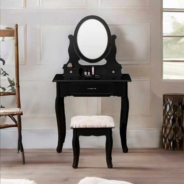 Rafaelo Mobilia 3 Drawer Dressing Table With Round Mirror And Stool Black