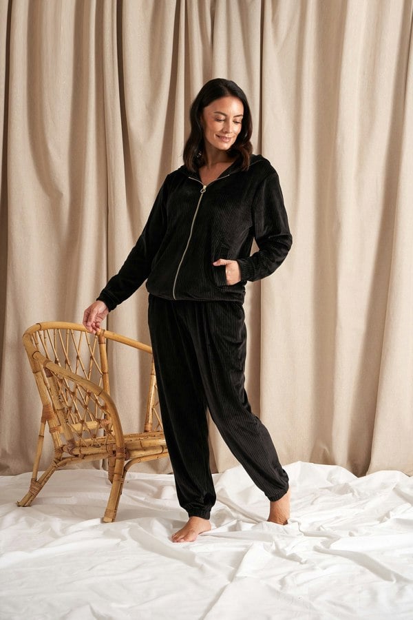 Pretty You London Velour Hoody Jogger Set in Black