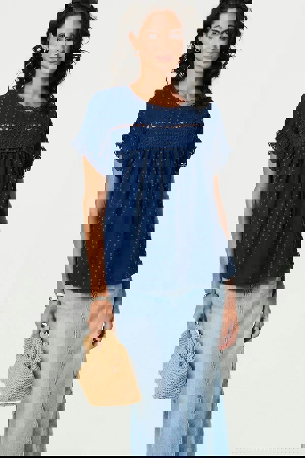 Navy | Lace Trim Short Sleeve Button Back Blouse
