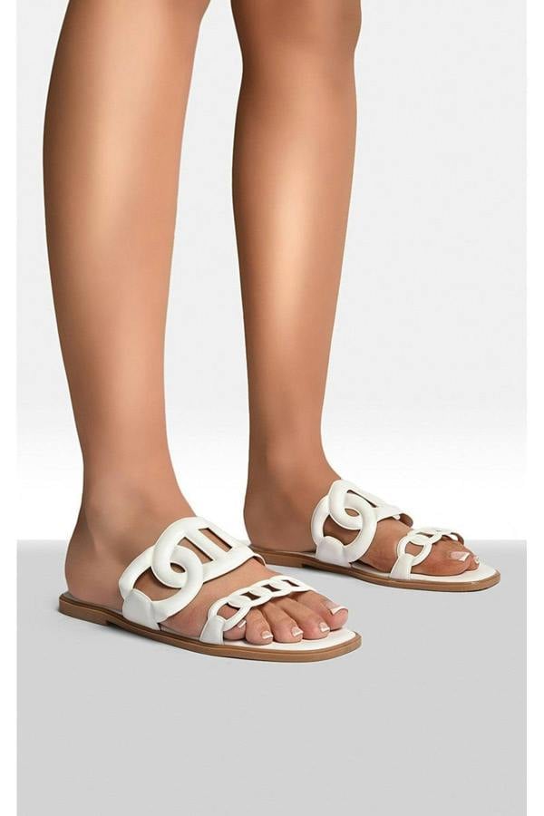 Betty Comfortable Flat Sandals With Double Leather Chain - White