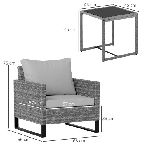 Wyld Haus Dobaso Rattan Grey 3 Piece Bistro Set with Glass Coffee Table
