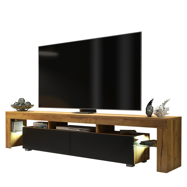 Mex Furniture Sleek 200 cm Modern TV Unit Cabinet Stand Oak Matt Black Doors with Free LED Lights