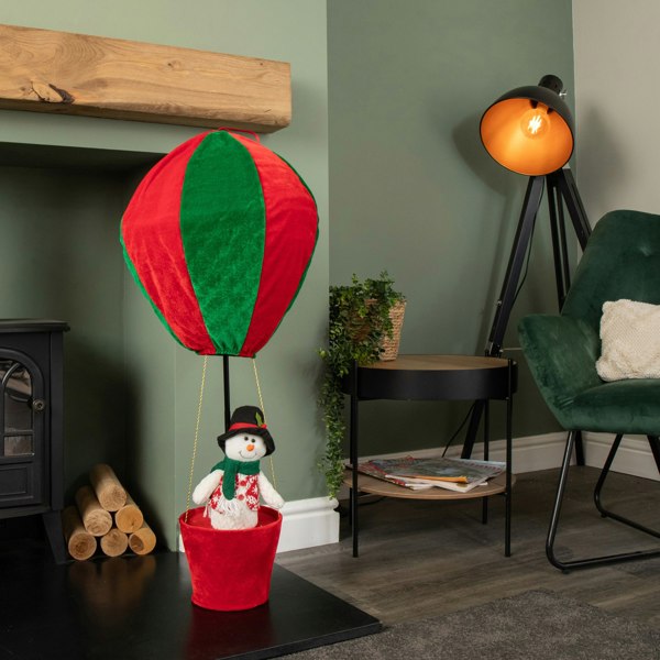 Samuel Alexander 1m Tall Plush Snowman Christmas Hot Air Balloon with Extension Pole Hanging or Table Decoration