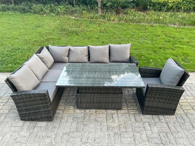 Fimous High Back PE Rattan Corner Sofa Set Garden Furniture Adjustable Rising Lifting Table Set With Chair
