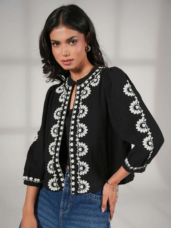 Rose & Nancy Polly Black And Ivory Embroidered Easy Throw-On Cotton Jacket