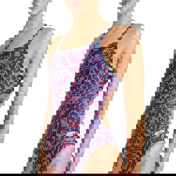 Arena Escape Challenge navy team red one-piece swimsuit with geometric pattern