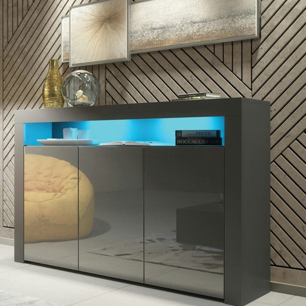 Mex Furnitur Modern Sideboard 155cm – Matt Grey Body with Grey Gloss Doors Free LED Lights