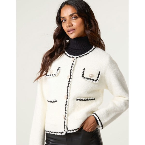 Blue Vanilla Fluffy Knit Contrast Trim Button Front Cardigan