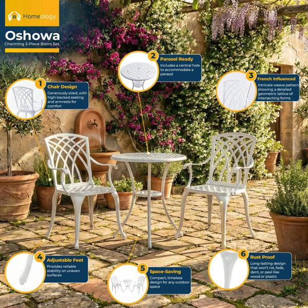 Homeology OSHOWA White Aluminium Weatherproof Outdoor Table and 2 Comfortable Chairs with Armrests Bistro Set