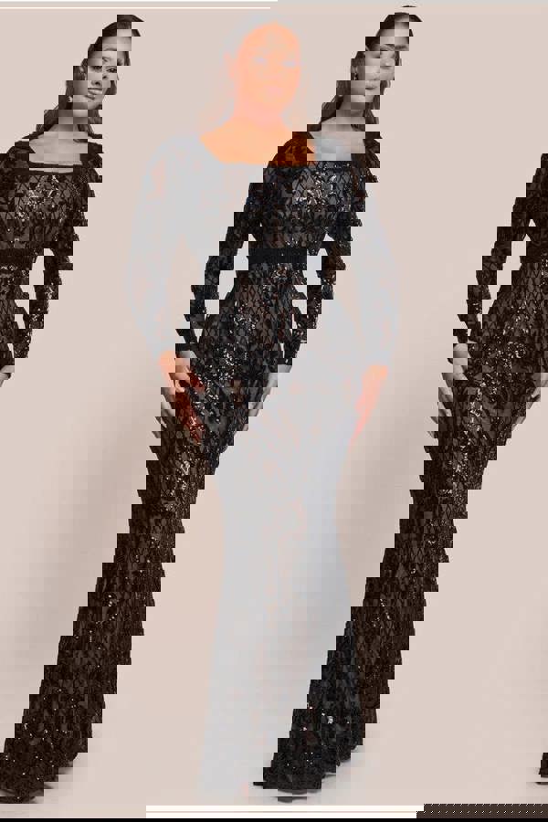 Sequin Square Neck Maxi With Scallop Hem - Black DR4038PLUS