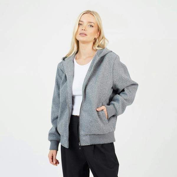 Brave Soul Grey Faux Wool Hooded Bomber Jacket - Grey Image 1