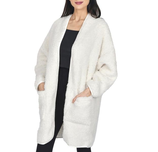 Smart Living Women's Borg Bathrobe with Ribbed Placket - Cream