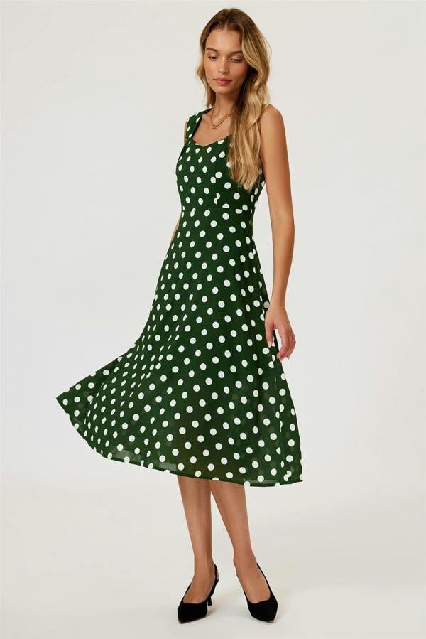 FS Collection Polka Dot Print Heart Neck Midi Green