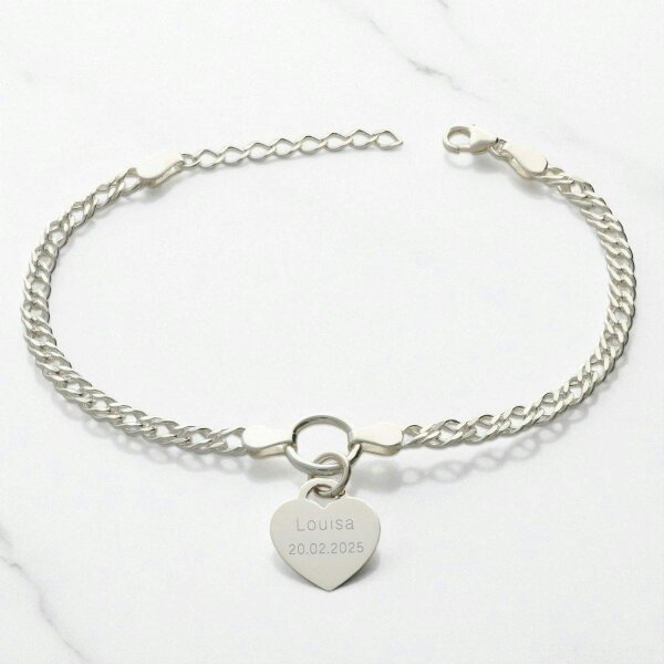 Christopher James of London Sterling Silver Ladies Heart on Fancy Double Curb Chain Bracelet With Optional Engraving