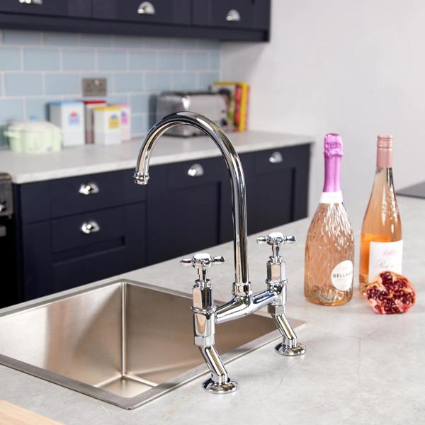 Flode Larvik | Kitchen Crosshead Bridge Mixer Tap | Polished Chrome Finish