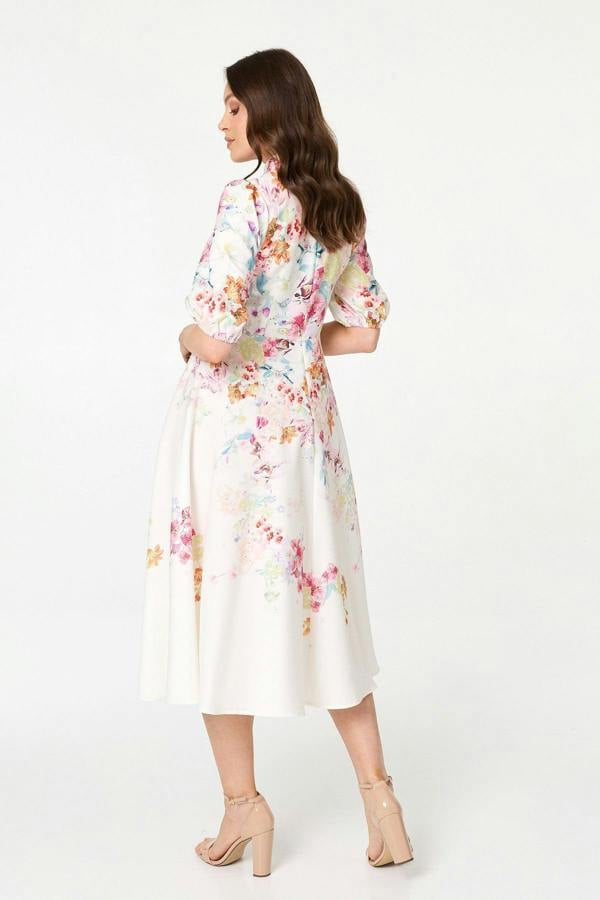 Cream | Floral 3/4 Sleeve High Neck Midi Dress