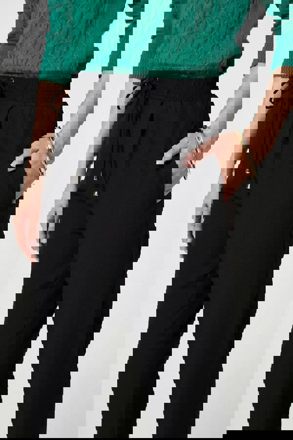 Black | Plain Drawstring Waist Slim Trousers
