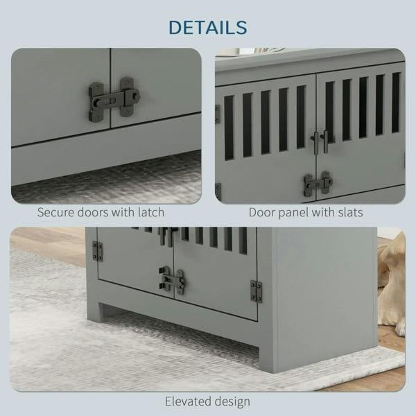 Grey raised dog feeding station with secure latch doors and slatted panel front