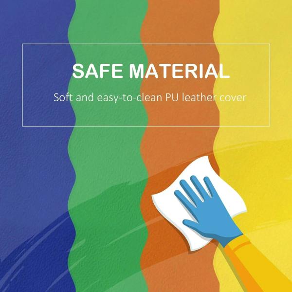 PU-covered foam blocks with blue, green, orange, and yellow panels, wipe-clean design