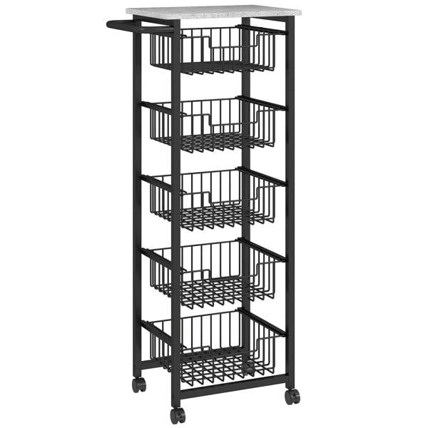 Grey/black mobile kitchen island with five wire baskets and caster wheels