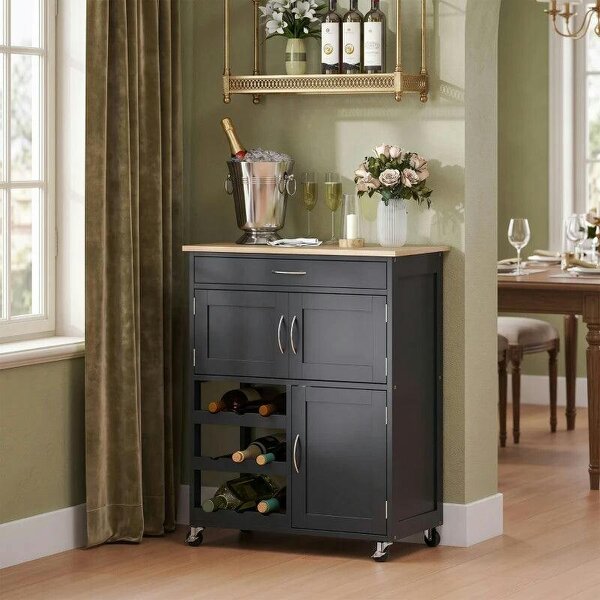 Modern Kitchen Trolley, Rolling Island Storage Cart with Drawer, 9-bottle Wine Rack, Door Cabinets, Black