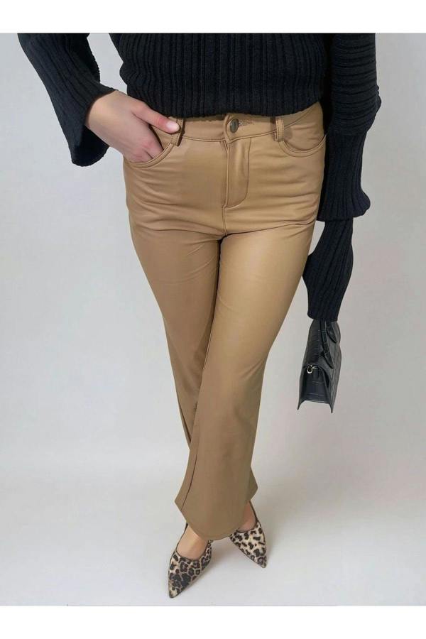 Lucia High Waisted Faux Leather Trouser - Camel