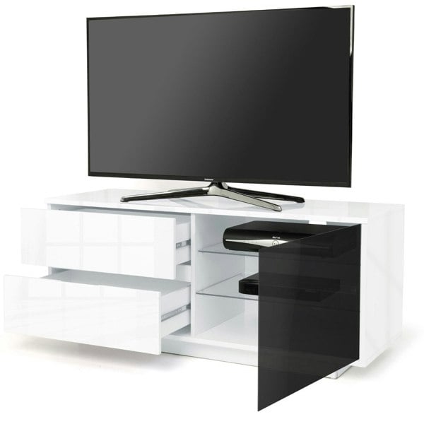 Centurion Supports Gallus Ultra Remote Friendly BeamThru Gloss White with 2-White Drawers 32"-55" Flat Screen Cabinet TV Stand