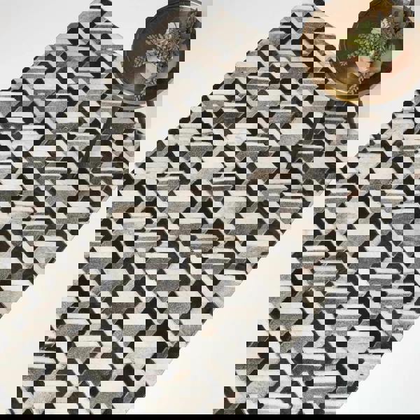 HOMESCAPES Grey & Black Geometric Leather Rug, 90 x 150 cm