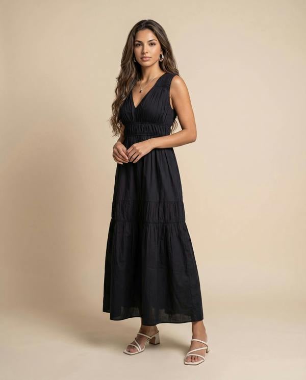 Urban Bliss Cotton Poplin Ruched Maxi Dress Black