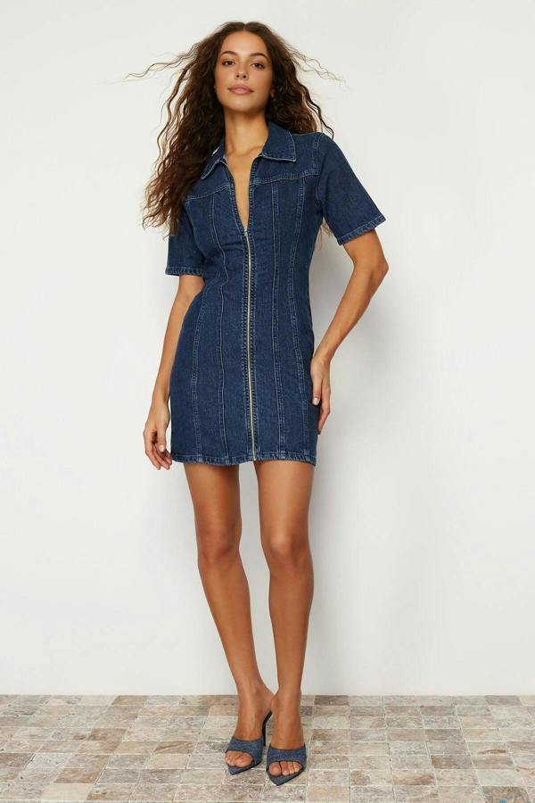 WOVCOR Zip-Up Fitted Mini Flexible Denim Dress