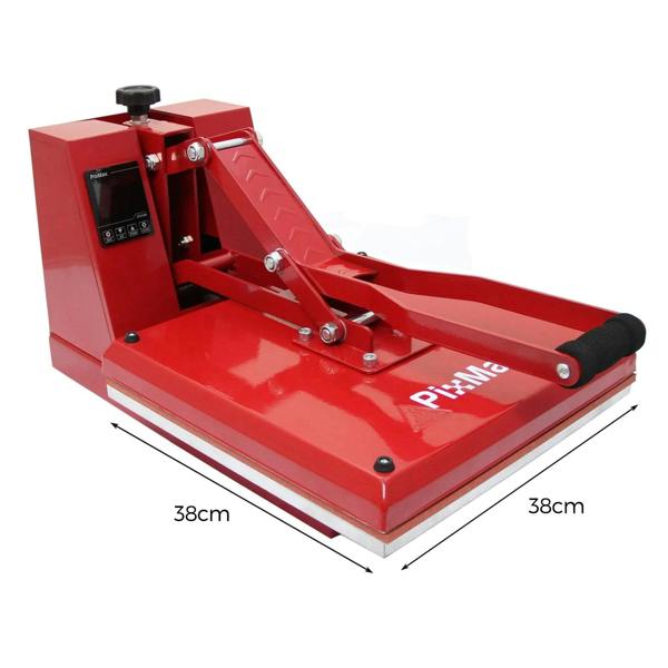 Red 38cm clam press with a sturdy base, adjustable pressure lever, and digital display for precise heat transfer applications