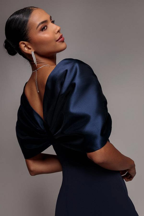 Off Shoulder Back Satin Bow Wrap Crepe Midi Dress - Navy Blue DR4939