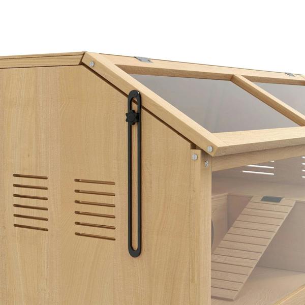 Wooden hamster cage corner with black handle and ventilation slats on side panel.