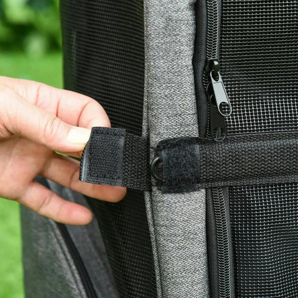 Grey pet carrier backpack strap and zipper close-up beside black mesh panel