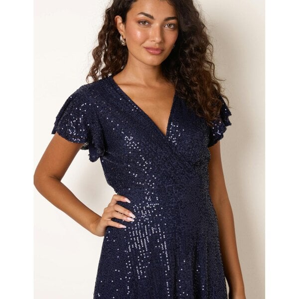 Blue Vanilla Sequin Wrap Double Frill Sleeve Dress