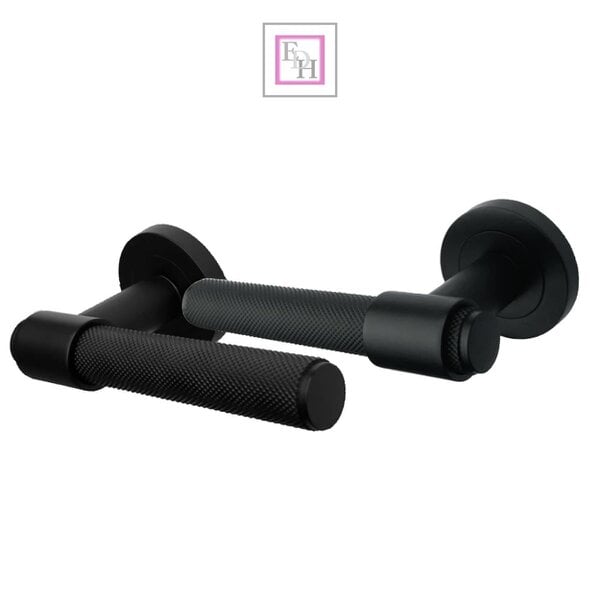 EDH Door Hardware Knurled Door Handles Matt Black Loop & Neck Lever on Round Rose Latch