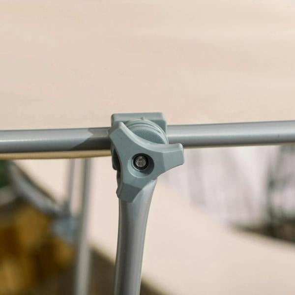 Gray metal sun lounger frame joint with rotating knob and securing bolt