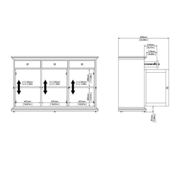 Wyld Haus Osaka Farmhouse Dark Grey Wooden Sideboard 3 Doors 3 Drawers